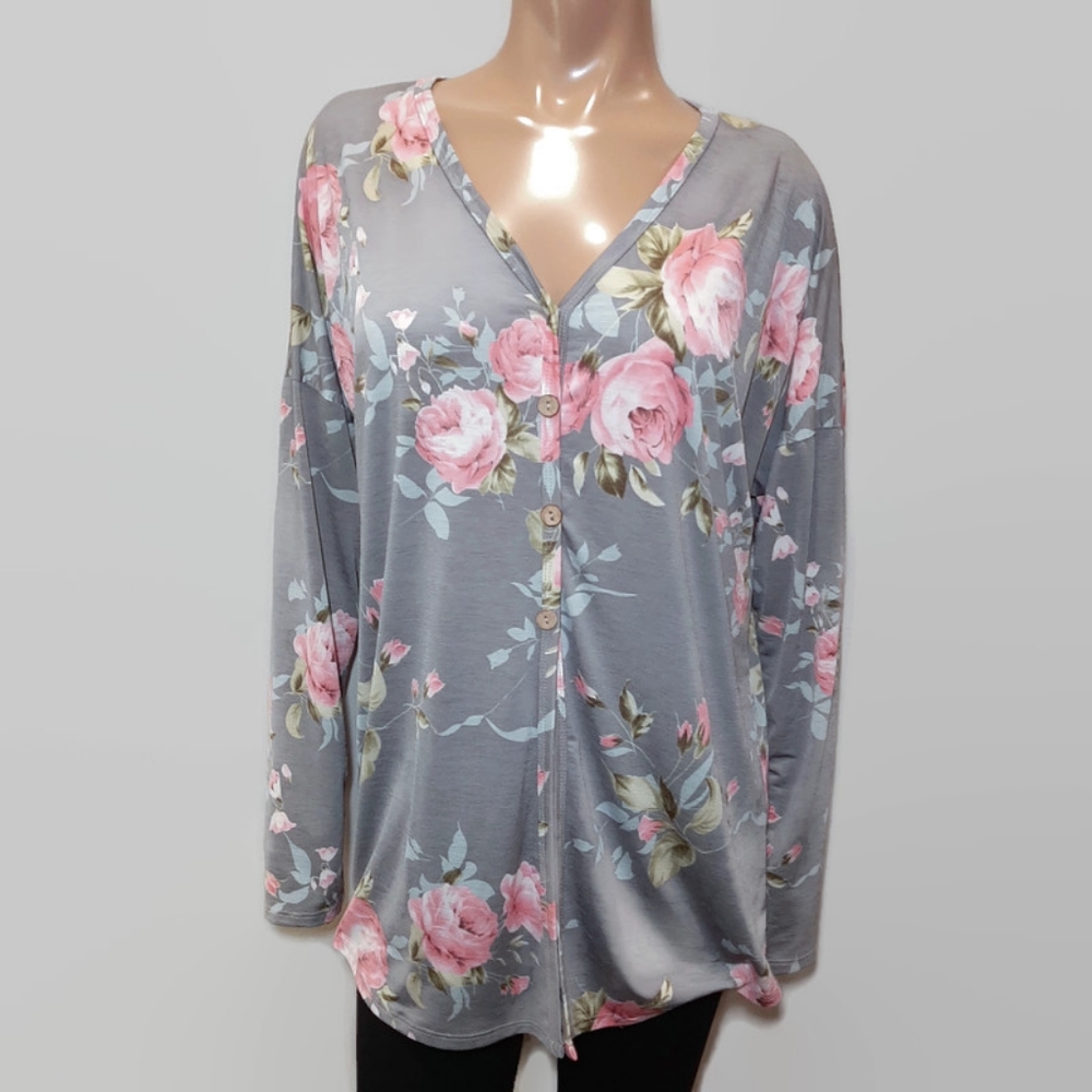 HEIMISH USA Gray Floral Blouse